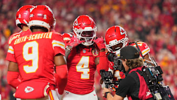 Oct 27, 2025; Kansas City, Missouri, USA; Kansas City Chiefs wide receiver Rashee Rice (4) celebrates after a play against the Washington Commanders during the second quarter of the game at GEHA Field at Arrowhead Stadium. Mandatory Credit: Jay Biggerstaff-Imagn Images