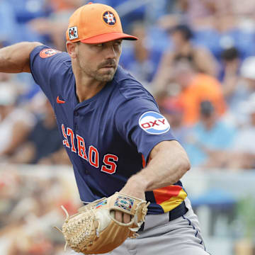 Mar 16, 2025; Port St. Lucie, Florida, USA;  Houston Astros pitcher Tayler Scott (50) throws a pitch during the second inning against the New York Mets at Clover Park