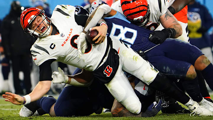 Cincinnati Bengals quarterback Joe Burrow (9) is sacked in the fourth quarter against the Tennessee Titans.