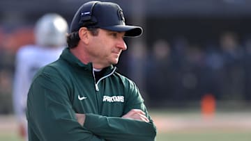 Nov 16, 2024; Champaign, Illinois, USA;  Michigan State Spartans head coach Jonathan Smith during the first half against the Illinois Fighting Illini  at Memorial Stadium. Mandatory Credit: Ron Johnson-Imagn Images