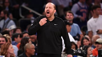 New York Knicks head coach Tom Thibodeau reacts against the Indiana Pacers during the 2025 NBA Playoffs
