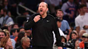 New York Knicks head coach Tom Thibodeau reacts in the fourth quarter against the Indiana Pacers.