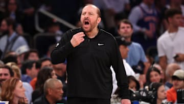 New York Knicks head coach Tom Thibodeau reacts in the fourth quarter against the Indiana Pacers.