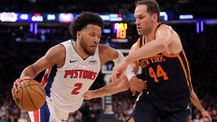 Feb 26, 2024; New York, New York, USA; Detroit Pistons guard Cade Cunningham (2) drives to the basket against New York Knicks forward Bojan Bogdanovic (44) during the second quarter at Madison Square Garden. Mandatory Credit: Brad Penner-USA TODAY Sports