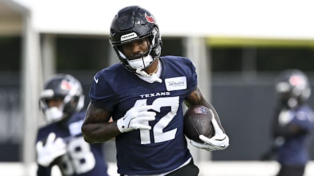 .Houston Texans wide receiver Nico Collins (12) participates in a drill during an NFL football minicamp at NRG