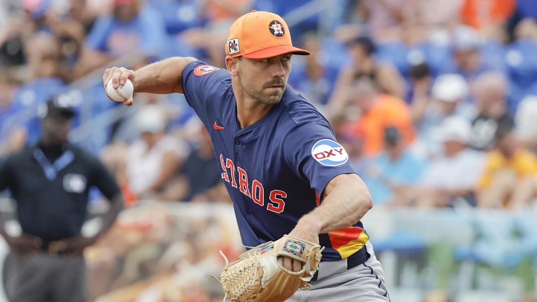 Mar 16, 2025; Port St. Lucie, Florida, USA;  Houston Astros pitcher Tayler Scott (50) throws a pitch during the second inning against the New York Mets at Clover Park. 