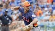 Mar 16, 2025; Port St. Lucie, Florida, USA;  Houston Astros pitcher Tayler Scott (50) throws a pitch during the second inning against the New York Mets at Clover Park. 