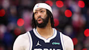 Apr 5, 2025; Inglewood, California, USA;  Dallas Mavericks forward Anthony Davis (3) looks on during the second half against the Los Angeles Clippers at Intuit Dome. Mandatory Credit: Kiyoshi Mio-Imagn Images