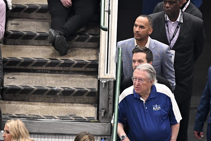 Dallas Mavericks general manager Nico Harrison looks on during a game between the Dallas Mavericks and the Los Angeles Lakers