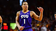 Feb 9, 2019; Ames, IA, USA; TCU Horned Frogs guard Desmond Bane (1) reacts during the second half against the Iowa State Cyclones at Hilton Coliseum. Mandatory Credit: Jeffrey Becker-Imagn Images