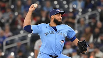 May 1, 2025; Toronto, Ontario, CAN; Toronto Blue Jays relief pitcher Yimi Garcia (93) delivers a pitch against the Boston Red Sox in the ninth inning at Rogers Centre. 