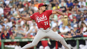 Jun 30, 2025; Boston, Massachusetts, USA;  Cincinnati Reds starting pitcher Chase Burns (26) pitches during the first inning against the Boston Red Sox at Fenway Park. Mandatory Credit: Bob DeChiara-Imagn Images