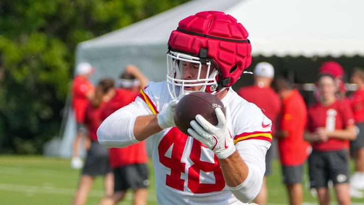 Jul 22, 2024; St. Joseph, MO, USA; Kansas City Chiefs linebacker Cole Christiansen (48) catches a pass during training camp at Missouri Western State University. Mandatory Credit: Denny Medley-Imagn Images