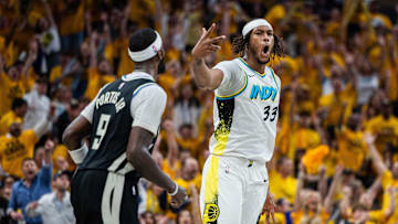 Indiana Pacers center Myles Turner celebrates a made basket during game five of the first round for the 2024 NBA Playoffs against the Milwaukee Bucks at Gainbridge Fieldhouse on Tuesday.