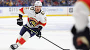 Oct 18, 2025; Buffalo, New York, USA;  Florida Panthers left wing Brad Marchand (63) looks to pass during the first period against the Buffalo Sabres at KeyBank Center. Mandatory Credit: Timothy T. Ludwig-Imagn Images