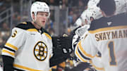 Boston Bruins defenseman Mason Lohrei celebrates with teammates after scoring a goal against the Pittsburgh Penguins.