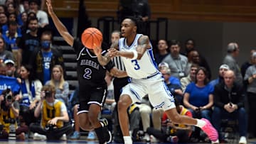 Nov 21, 2025; Durham, North Carolina, USA; Duke Blue Devils forward Isaiah Evans (3) throws a pass during the first half against the Niagara Purple Eagles at Cameron Indoor Stadium. Mandatory Credit: Rob Kinnan-Imagn Images