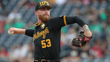 Jul 25, 2025; Pittsburgh, Pennsylvania, USA;  Pittsburgh Pirates starting pitcher Mike Burrows (53) delivers a pitch against the Arizona Diamondbacks during the first inning at PNC Park. Mandatory Credit: Charles LeClaire-Imagn Images