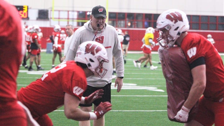 Wisconsin tight ends coach Nate Letton works with his players during the team's 14th spring practice, which was held Tuesday morning April 30, 2024 at the McClain Center in Madison, Wisconsin.