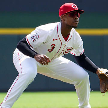 Cincinnati Reds third baseman Ke'Bryan Hayes (3) gets in position in the first inning of a MLB game between the Cincinnati Reds and Atlanta Braves, Friday, Aug. 1, 2025, at Great American Ball Park in Downtown Cincinnati.