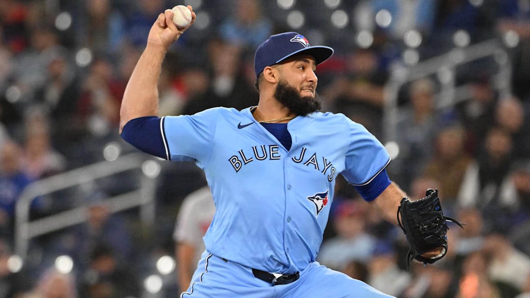 May 1, 2025; Toronto, Ontario, CAN; Toronto Blue Jays relief pitcher Yimi Garcia (93) delivers a pitch against the Boston Red Sox in the ninth inning at Rogers Centre. Mandatory Credit: Dan Hamilton-Imagn Images