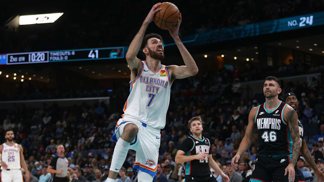 Nov 9, 2025; Memphis, Tennessee, USA; Oklahoma City Thunder center Chet Holmgren (7) shoots during the second quarter against the Memphis Grizzlies at FedExForum. Mandatory Credit: Petre Thomas-Imagn Images