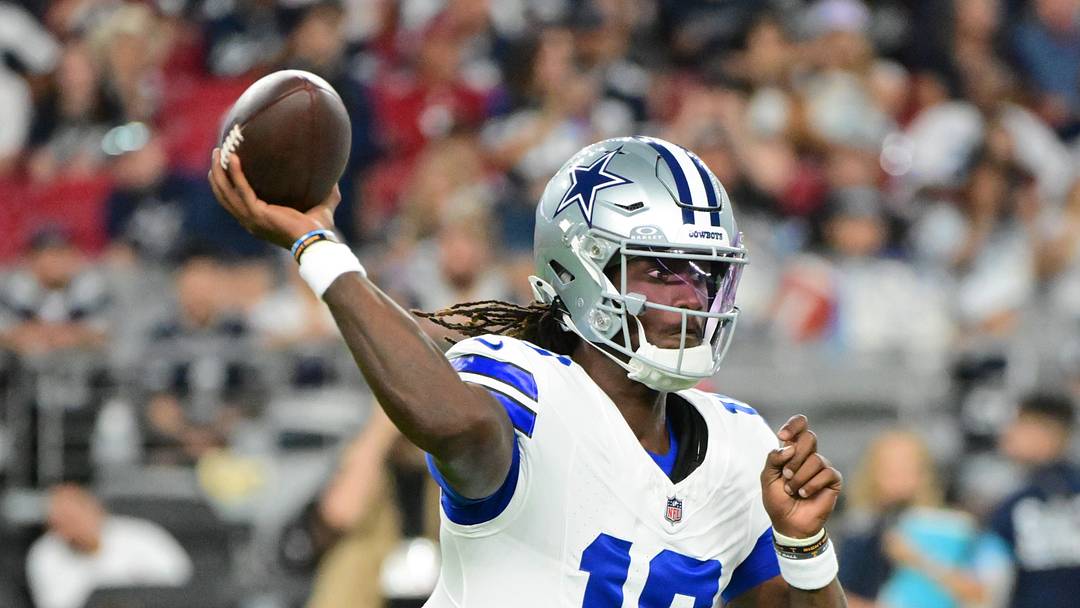Aug 22, 2026; Glendale, Arizona, USA;  Dallas Cowboys quarterback Joe Milton III (10) throws a pass in the first half against the Arizona Cardinals at State Farm Stadium.  Mandatory Credit: Matt Kartozian-Imagn Images