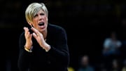 Iowa head coach Jan Jensen reacts Nov. 9, 2025 during a women’s basketball game against the Evansville Purple Aces at Carver-Hawkeye Arena in Iowa City, Iowa.