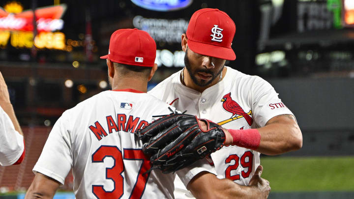 Aug 6, 2024; St. Louis, Missouri, USA;  St. Louis Cardinals left fielder Tommy Pham (29) celebrates with manager Oliver Marmol (37) after the Cardinals defeated the Tampa Bay Rays at Busch Stadium. Mandatory Credit: Jeff Curry-USA TODAY Sports