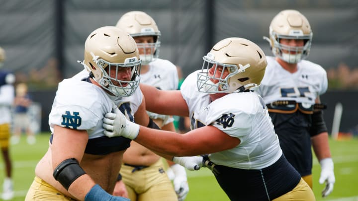 Notre Dame offensive linemen Rocco Spindler, left, and Sullivan Absher participate in a drill during a Notre Dame football practice at Irish Athletic Center on Tuesday, Aug. 6, 2024, in South Bend.