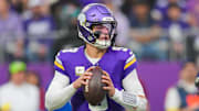 Nov 9, 2025; Minneapolis, Minnesota, USA; Minnesota Vikings quarterback J.J. McCarthy (9) drops back to pass against the Baltimore Ravens in the second quarter at U.S. Bank Stadium.