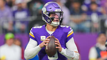 Nov 9, 2025; Minneapolis, Minnesota, USA; Minnesota Vikings quarterback J.J. McCarthy (9) drops back to pass against the Baltimore Ravens in the second quarter at U.S. Bank Stadium.