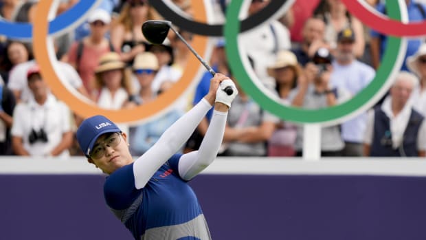 U.S. golfer Rose Zhang tees off on No.1 in the third round of women's individual stroke play at the Paris 2024 Olympics.