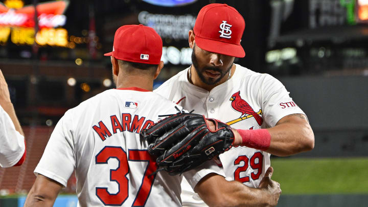 Aug 6, 2024; St. Louis, Missouri, USA;  St. Louis Cardinals left fielder Tommy Pham (29) celebrates with manager Oliver Marmol (37) after the Cardinals defeated the Tampa Bay Rays at Busch Stadium. Mandatory Credit: Jeff Curry-USA TODAY Sports