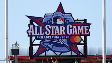 Jul 18, 2025; Philadelphia, Pennsylvania, USA; 2026 All Star Game graphics are placed Citizens Bank Park before a game between the Philadelphia Phillies and the Los Angeles Angels.