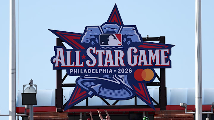 Jul 18, 2025; Philadelphia, Pennsylvania, USA; 2026 All Star Game graphics are placed Citizens Bank Park before a game between the Philadelphia Phillies and the Los Angeles Angels.