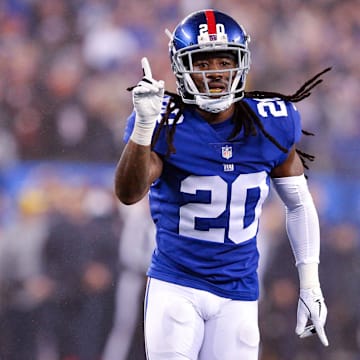 Dec 2, 2018; East Rutherford, NJ, USA; New York Giants cornerback Janoris Jenkins (20) reacts after the final play of the game against the Chicago Bears during overtime at MetLife Stadium.  