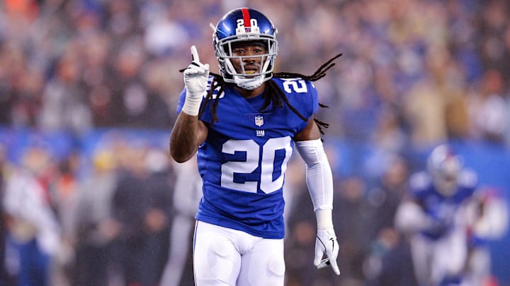 Dec 2, 2018; East Rutherford, NJ, USA; New York Giants cornerback Janoris Jenkins (20) reacts after the final play of the game against the Chicago Bears during overtime at MetLife Stadium.  