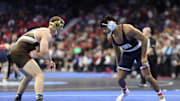 Penn State's Carter Starocci wrestles Caden Rogers of Lehigh during the NCAA Wrestling championships at Wells Fargo Center.