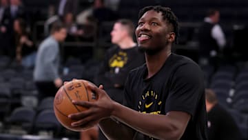Feb 1, 2025; New York, New York, USA; Los Angeles Lakers forward Dorian Finney-Smith (17) warms up before a game against the New York Knicks at Madison Square Garden. Mandatory Credit: Brad Penner-Imagn Images