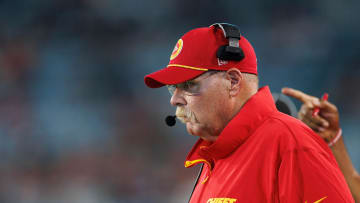 Aug 10, 2024; Jacksonville, Florida, USA; Kansas City Chiefs head coach Andy Reid (red hat) looks on during the third quarter against the Jacksonville Jaguars at EverBank Stadium. Mandatory Credit: Douglas DeFelice-USA TODAY Sports