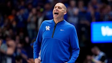 Kentucky head coach Mark Pope yells to his team as they face Alabama during the first half of a Southeastern Conference tournament quarterfinal game at Bridgestone Arena in Nashville, Tenn., Friday, March 14, 2025.