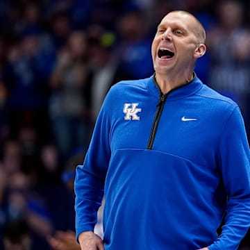 Kentucky head coach Mark Pope yells to his team as they face Alabama during the first half of a Southeastern Conference tournament quarterfinal game at Bridgestone Arena in Nashville, Tenn., Friday, March 14, 2025.