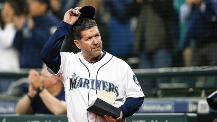 Seattle Mariners hitting coach Edgar Martinez (11) is introduced during a pregame ceremony against the Cleveland Indians at Safeco Field in 2018.