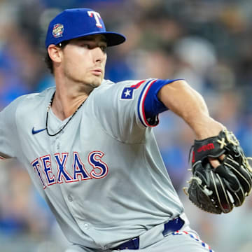 May 3, 2024; Kansas City, Missouri, USA; Texas Rangers pitcher Cole Winn (60) pitches during the seventh inning against the Kansas City Royals at Kauffman Stadium.