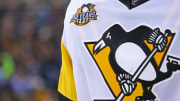 Feb 17, 2017; Columbus, OH, USA; A view of the Pittsburgh Penguins logo on a jersey at Nationwide Arena. The Blue Jackets won 2-1 in overtime. Mandatory Credit: Aaron Doster-USA TODAY Sports