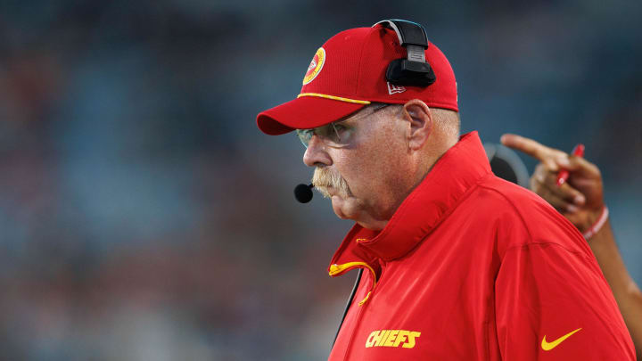 Aug 10, 2024; Jacksonville, Florida, USA; Kansas City Chiefs head coach Andy Reid (red hat) looks on during the third quarter against the Jacksonville Jaguars at EverBank Stadium. Mandatory Credit: Douglas DeFelice-USA TODAY Sports