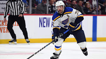 Jan 31, 2025; Denver, Colorado, USA; St. Louis Blues defenseman Justin Faulk (72) skates with the puck during the first period against the Colorado Avalanche at Ball Arena. Mandatory Credit: Christopher Hanewinckel-Imagn Images