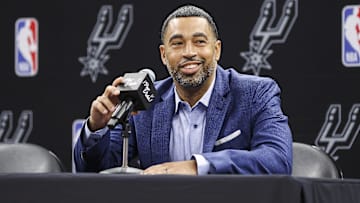 Jun 24, 2023; San Antonio, TX, USA; San Antonio Spurs general manager Brian Wright speaks at a press conference at AT&T Center. Mandatory Credit: Troy Taormina-Imagn Images