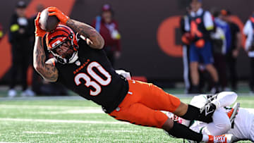 Oct 26, 2025; Cincinnati, Ohio, USA; Cincinnati Bengals running back Chase Brown (30) scores a touchdown during the second quarter against the New York Jets at Paycor Stadium. Mandatory Credit: Joseph Maiorana-Imagn Images